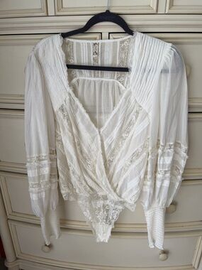 Free People Ivory Lace-Trim Wrap Bodysuit BOHO Poet Blouse THONG